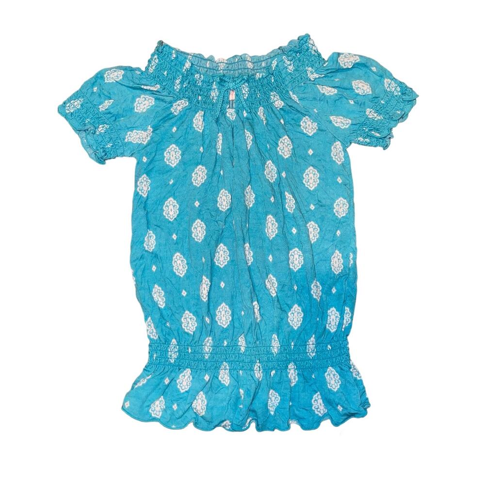 Girls M 7/8 Children’s Place Blue Short Sleeve White Medallion Smocked Blouse